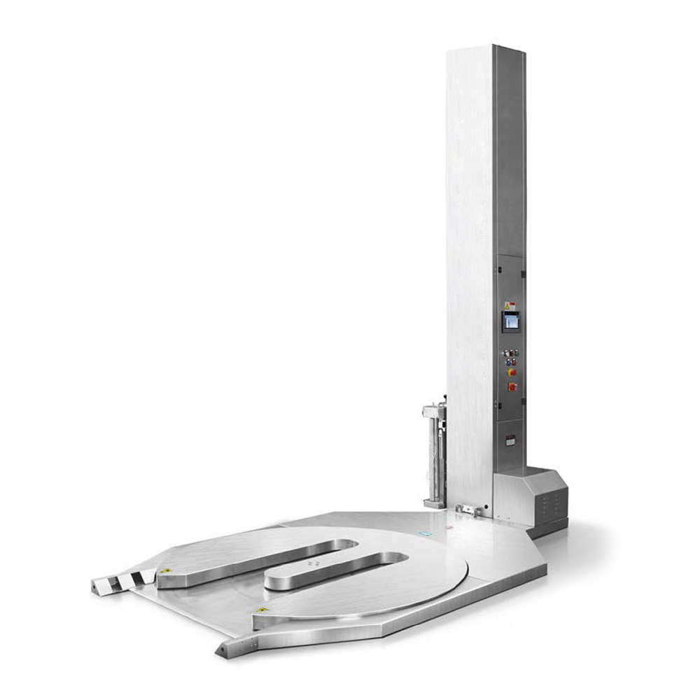 Máquina enfaradadora semiautomatica de plataforma giratoria fabricada en acero inoxidable con base adaptada para entrada de transpaletas.